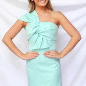 American Threads Green Asymmetrical Tie Front Sheath Dress